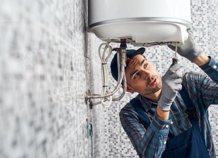 Plombier Saint Gilles inspectant des canalisations dans une salle de bain pour résoudre une fuite urgente chez un client local